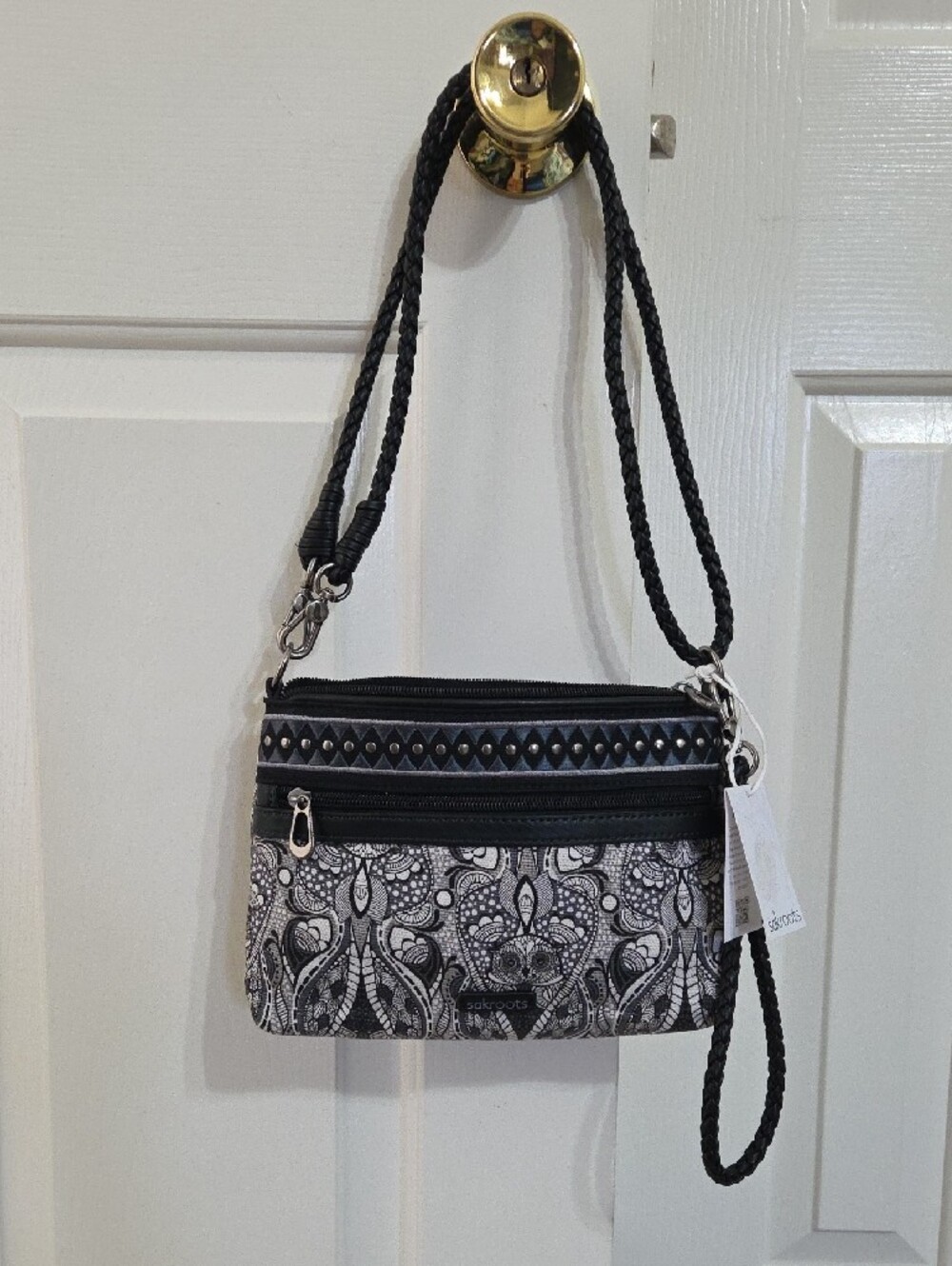 Sakroots Black & White Floral Paisley Crossbody Bag with Braided Strap